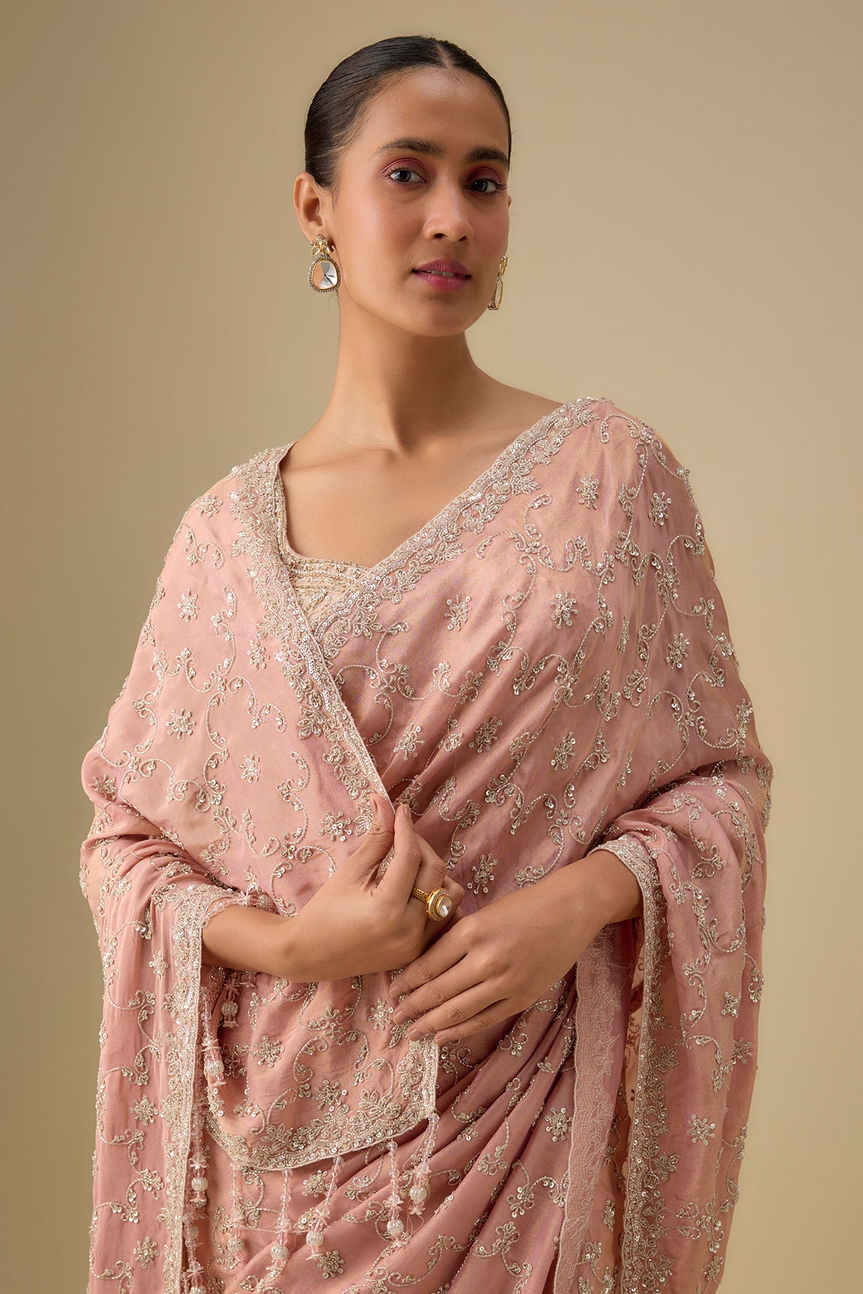 pink tissue hand & machine embroidered saree set