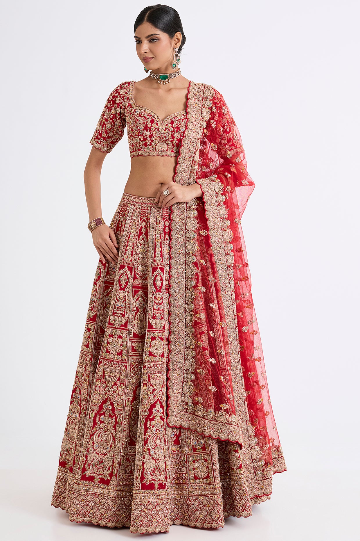 red raw silk zari hand & machine embroidered lehenga set