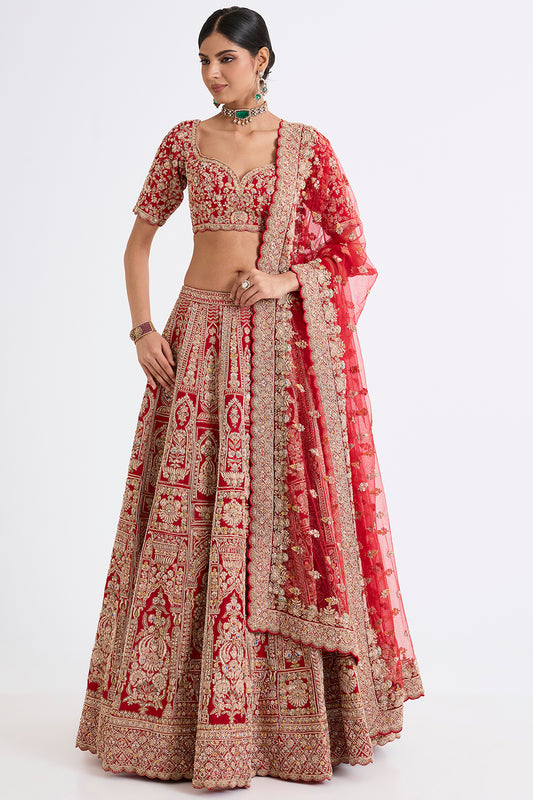 red raw silk zari hand & machine embroidered lehenga set