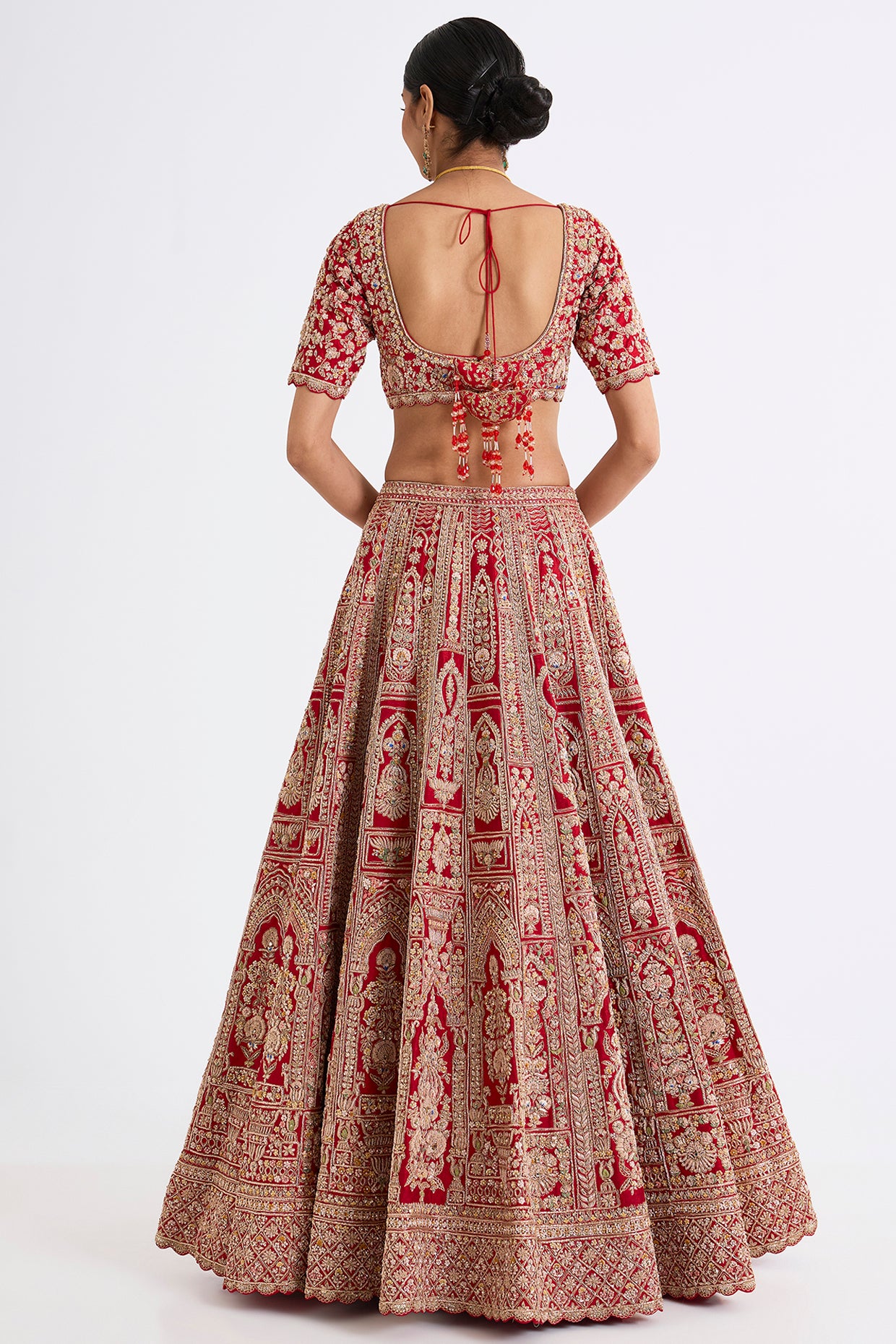 red raw silk zari hand & machine embroidered lehenga set