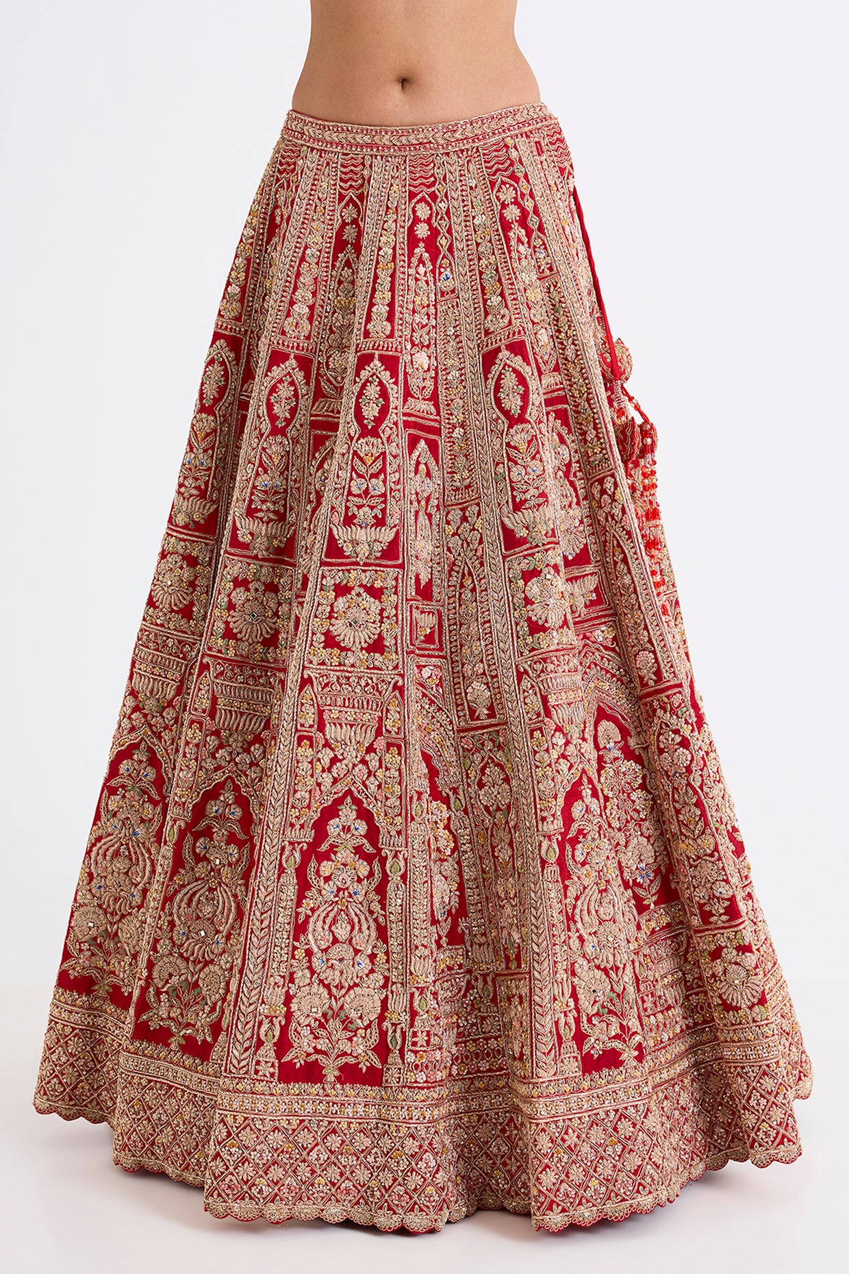 red raw silk zari hand & machine embroidered lehenga set