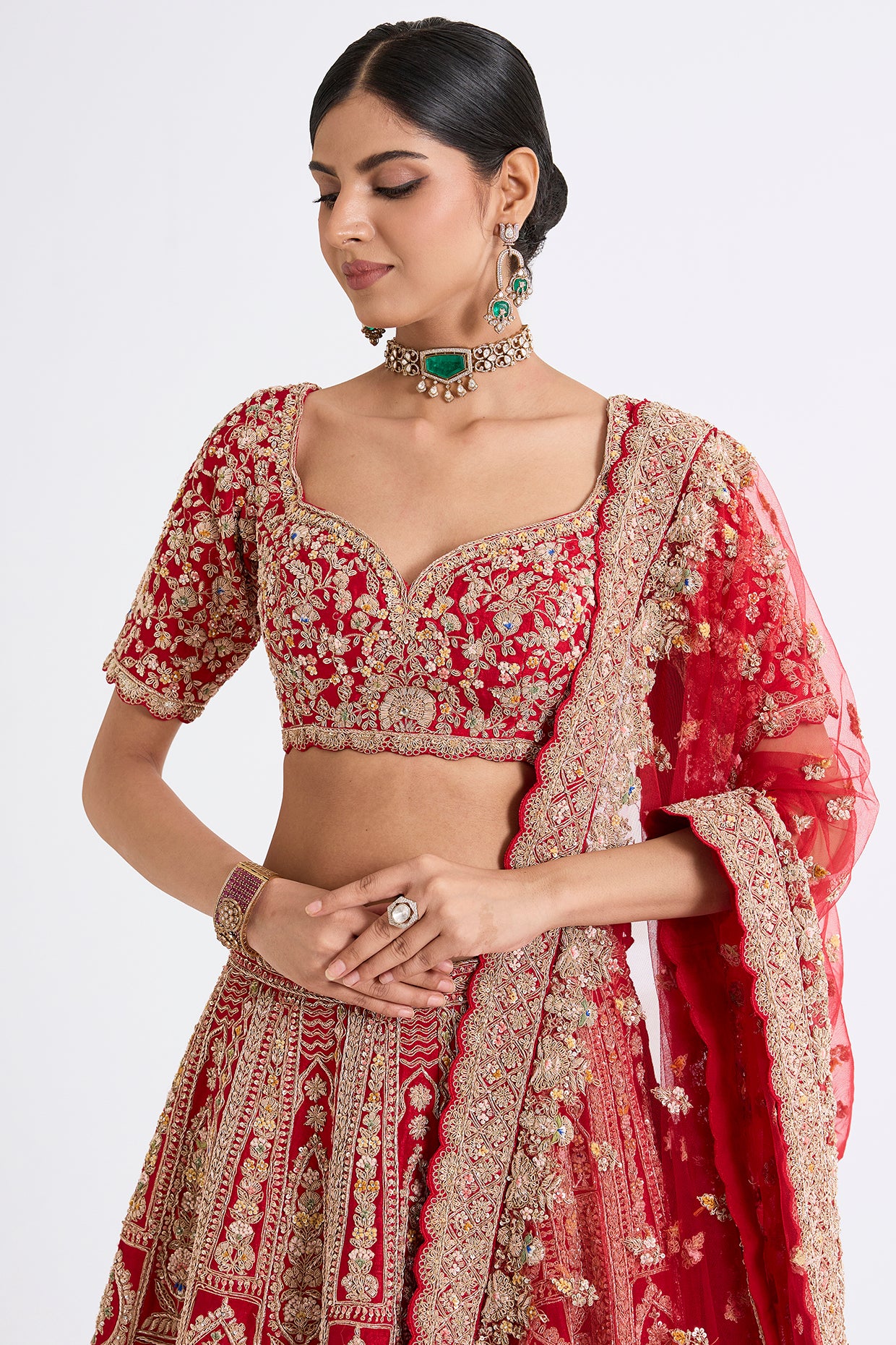 red raw silk zari hand & machine embroidered lehenga set