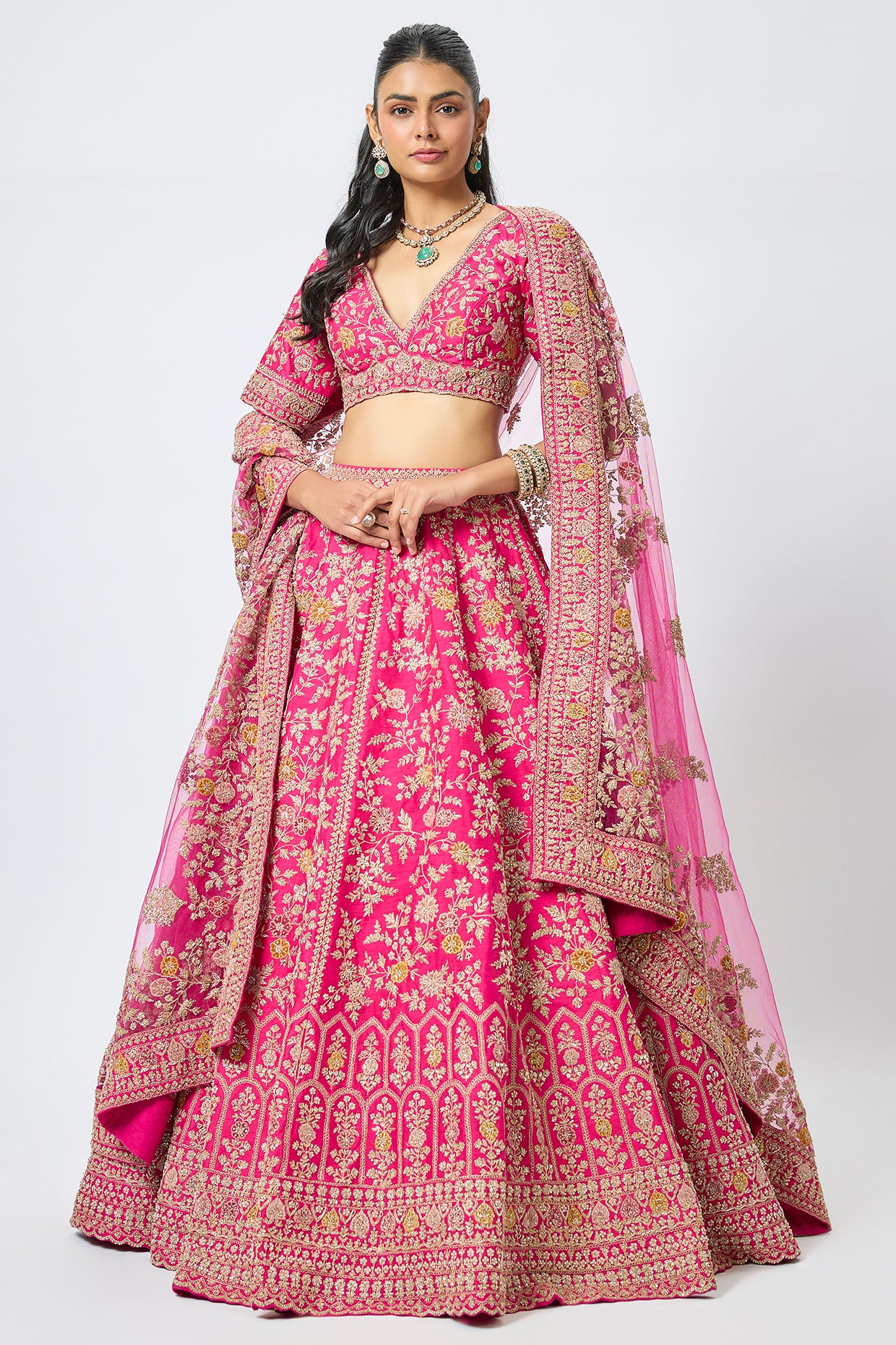 rani pink raw silk cutdana embroidered lehenga set