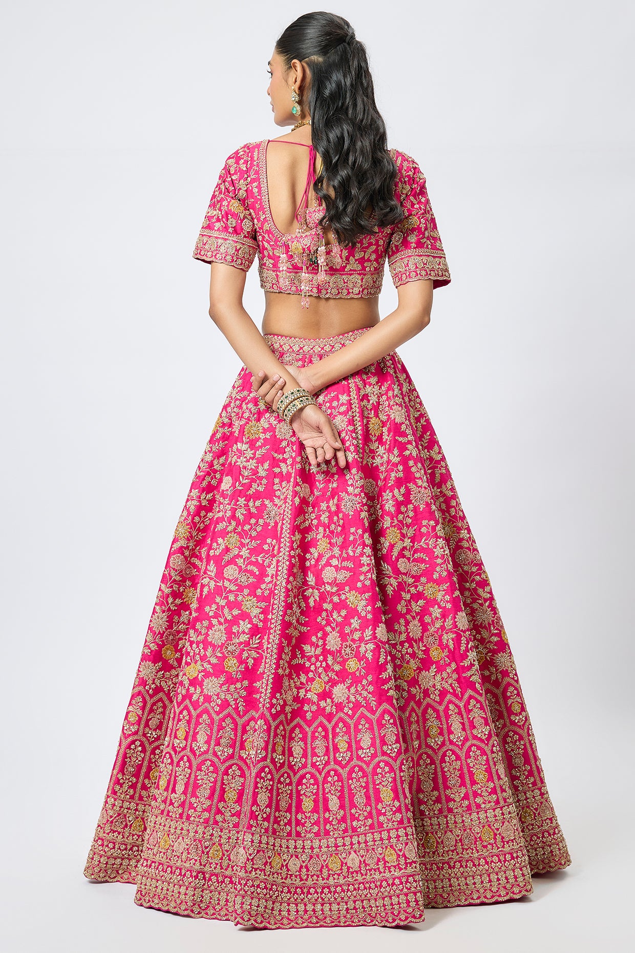 rani pink raw silk cutdana embroidered lehenga set