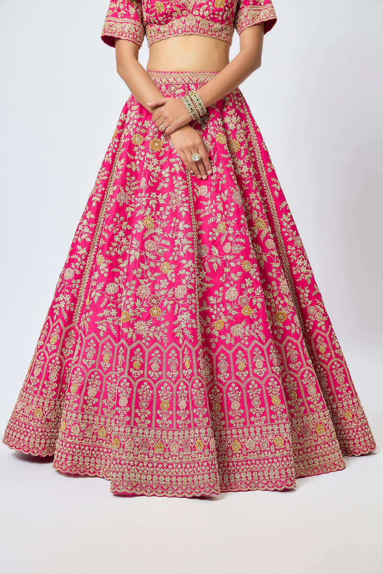 rani pink raw silk cutdana embroidered lehenga set