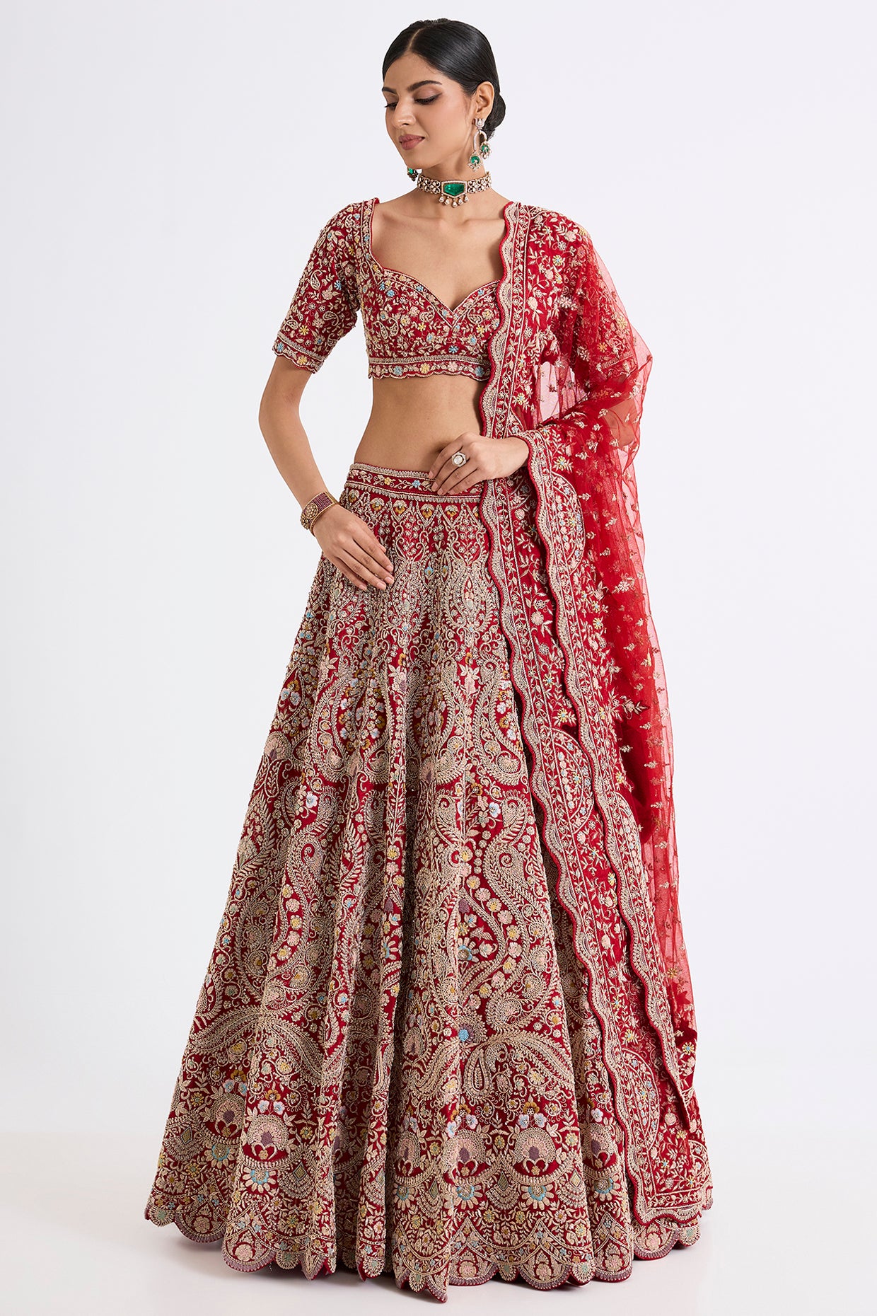 red raw silk zari hand & machine embroidered lehenga set