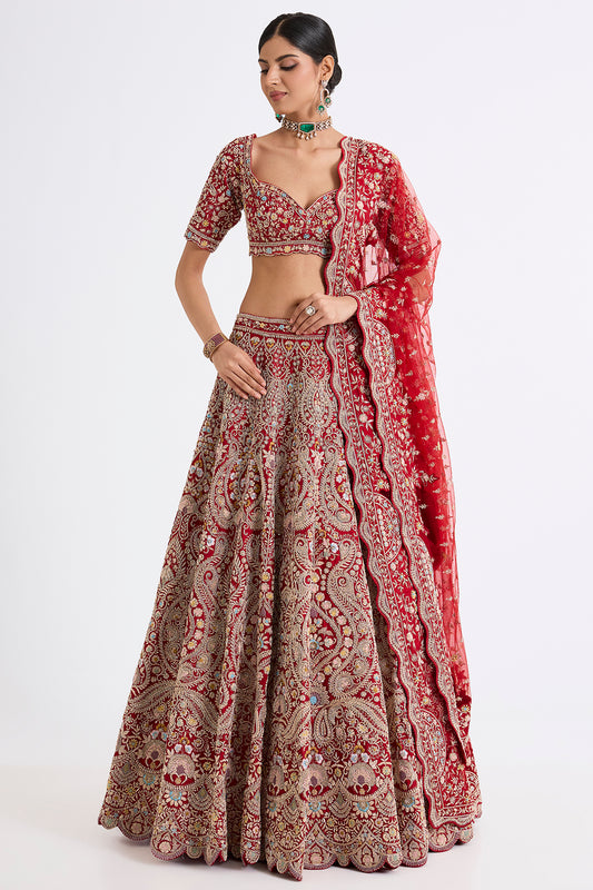 red raw silk zari hand & machine embroidered lehenga set