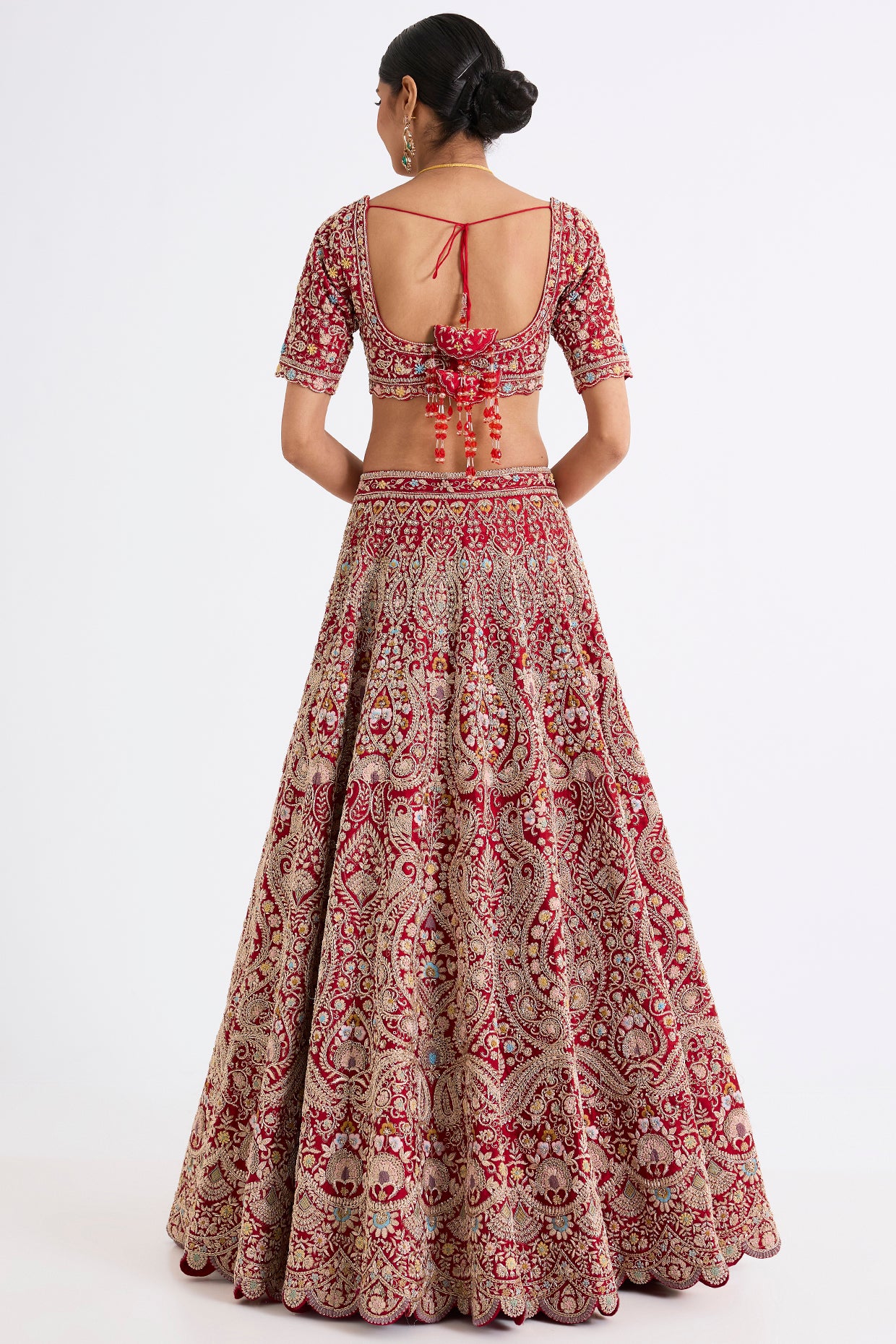 red raw silk zari hand & machine embroidered lehenga set
