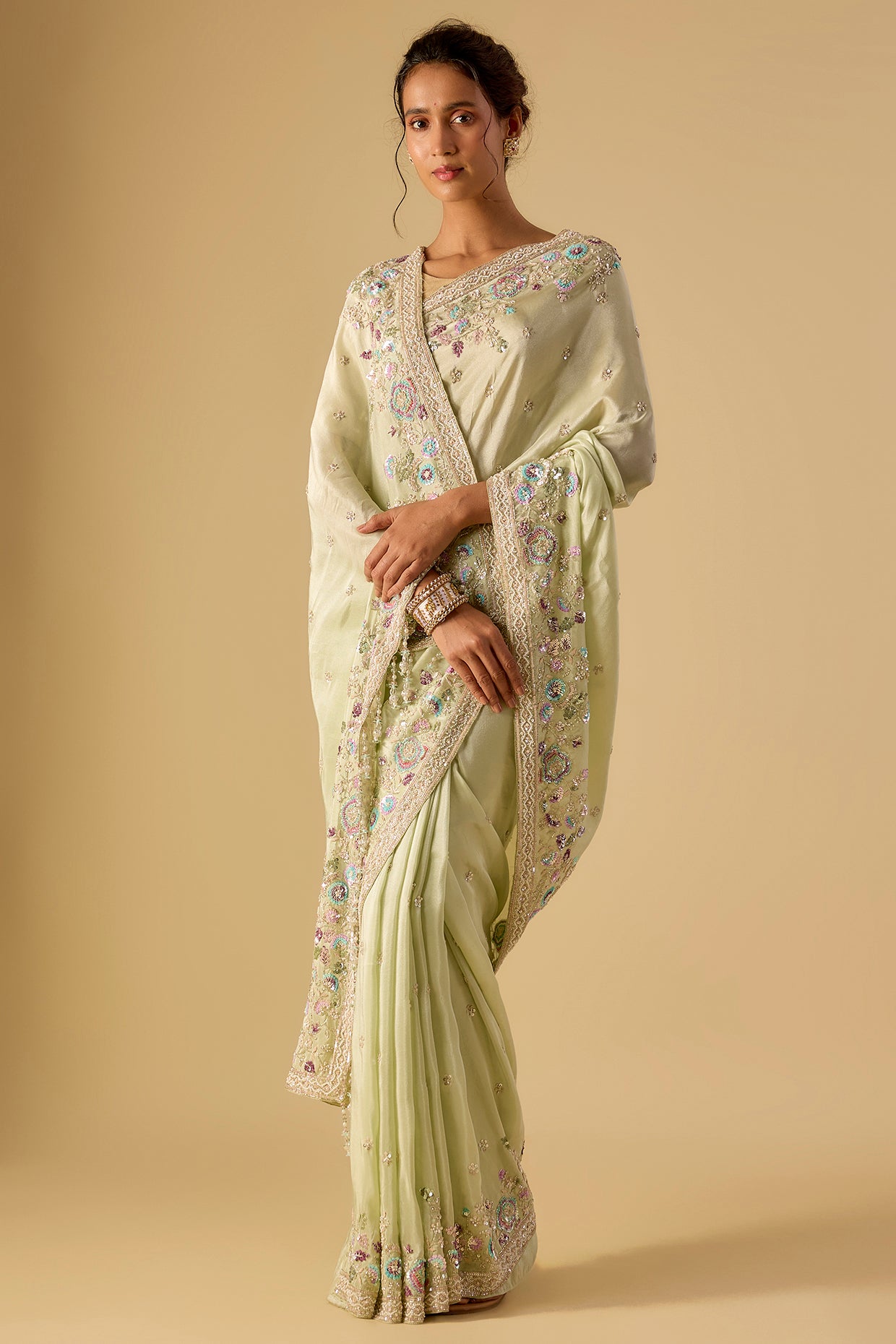 mint tissue hand & machine embroidered saree