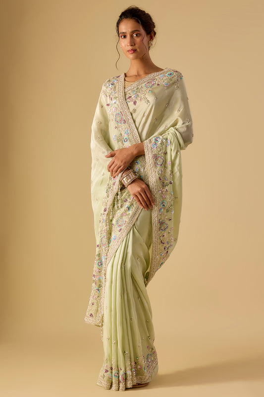 mint tissue hand & machine embroidered saree