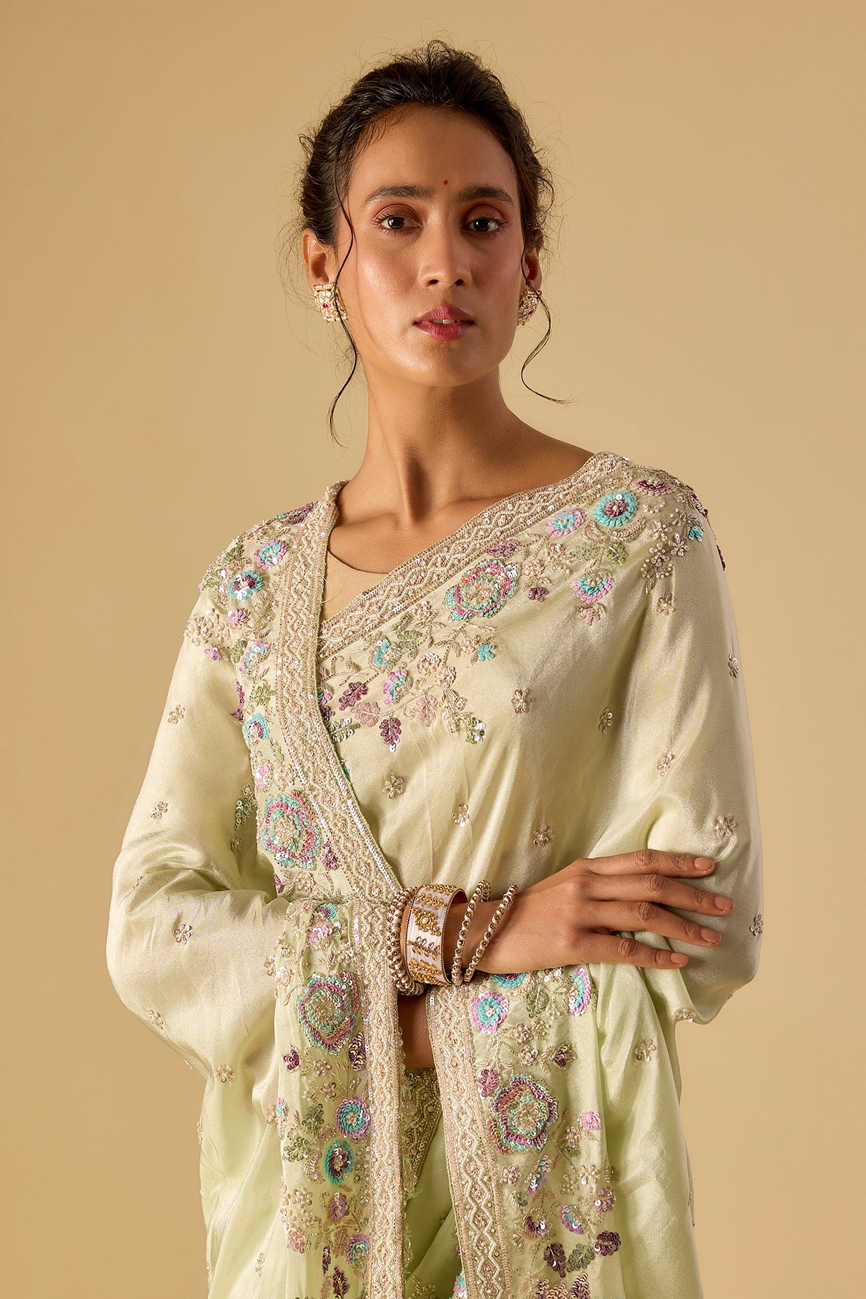 mint tissue hand & machine embroidered saree