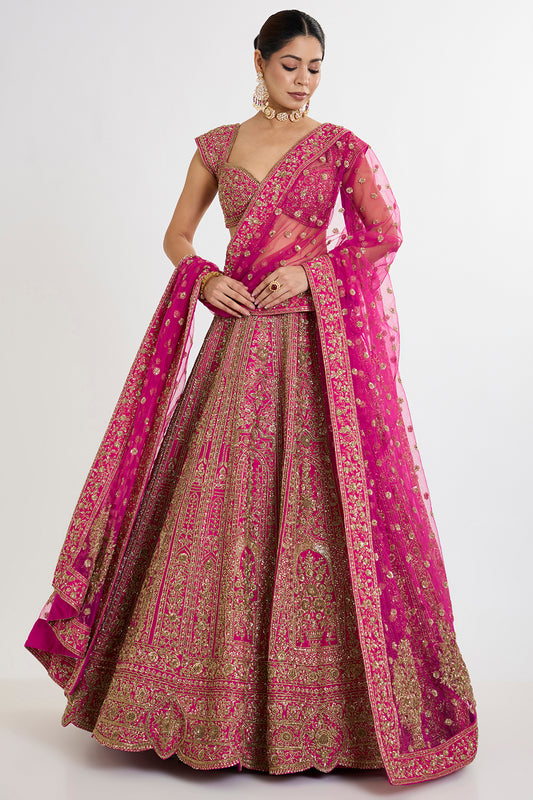 rani pink raw silk cutdana embroidered lehenga set