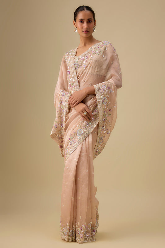 gold tissue hand & machine embroidered saree set