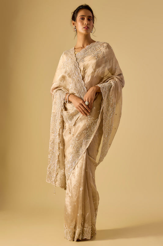 gold tissue hand & machine embroidered saree