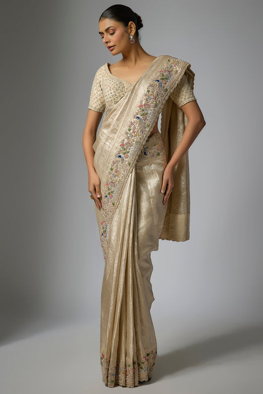 gold banarasi machine embroidered saree set