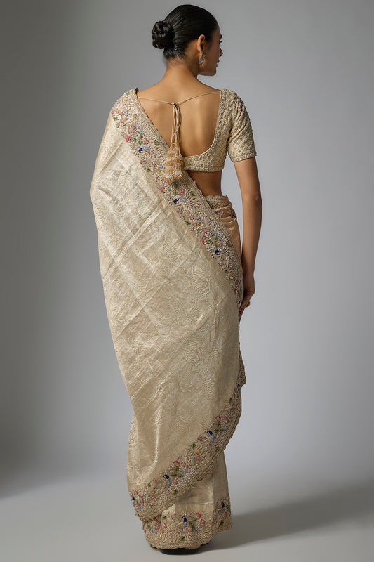 gold banarasi machine embroidered saree set