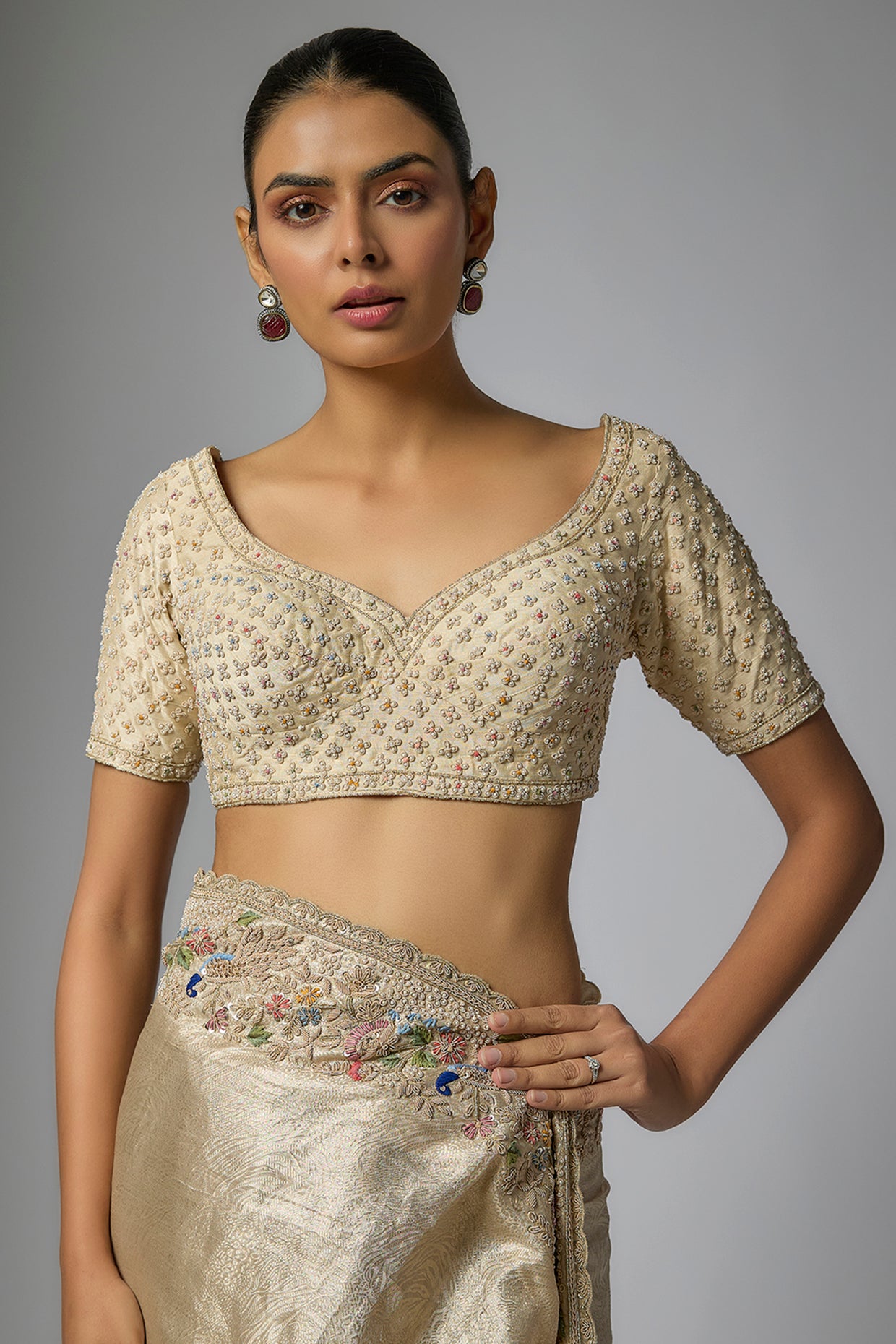 gold banarasi machine embroidered saree set