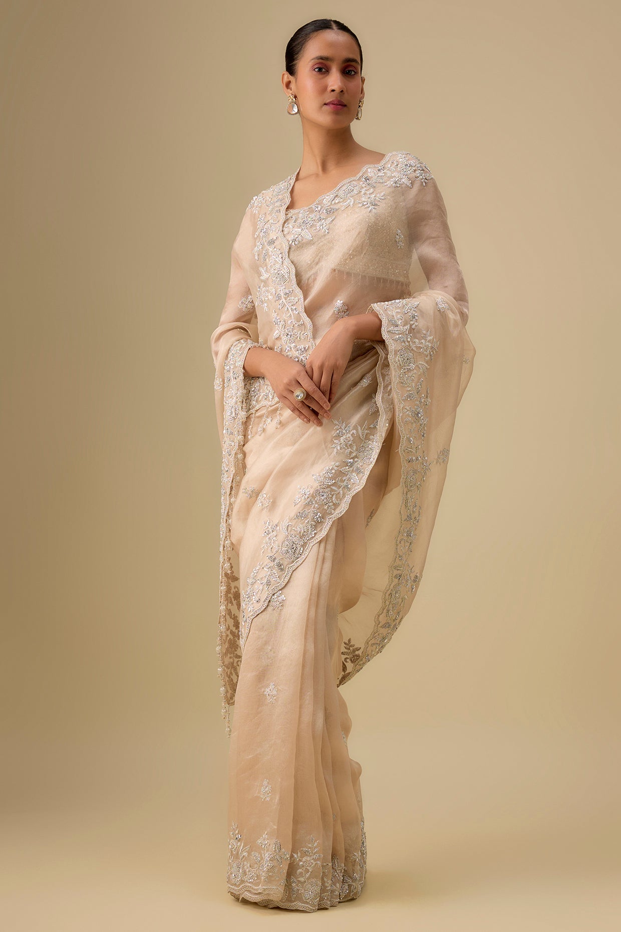 gold tissue hand & machine embroidered saree set