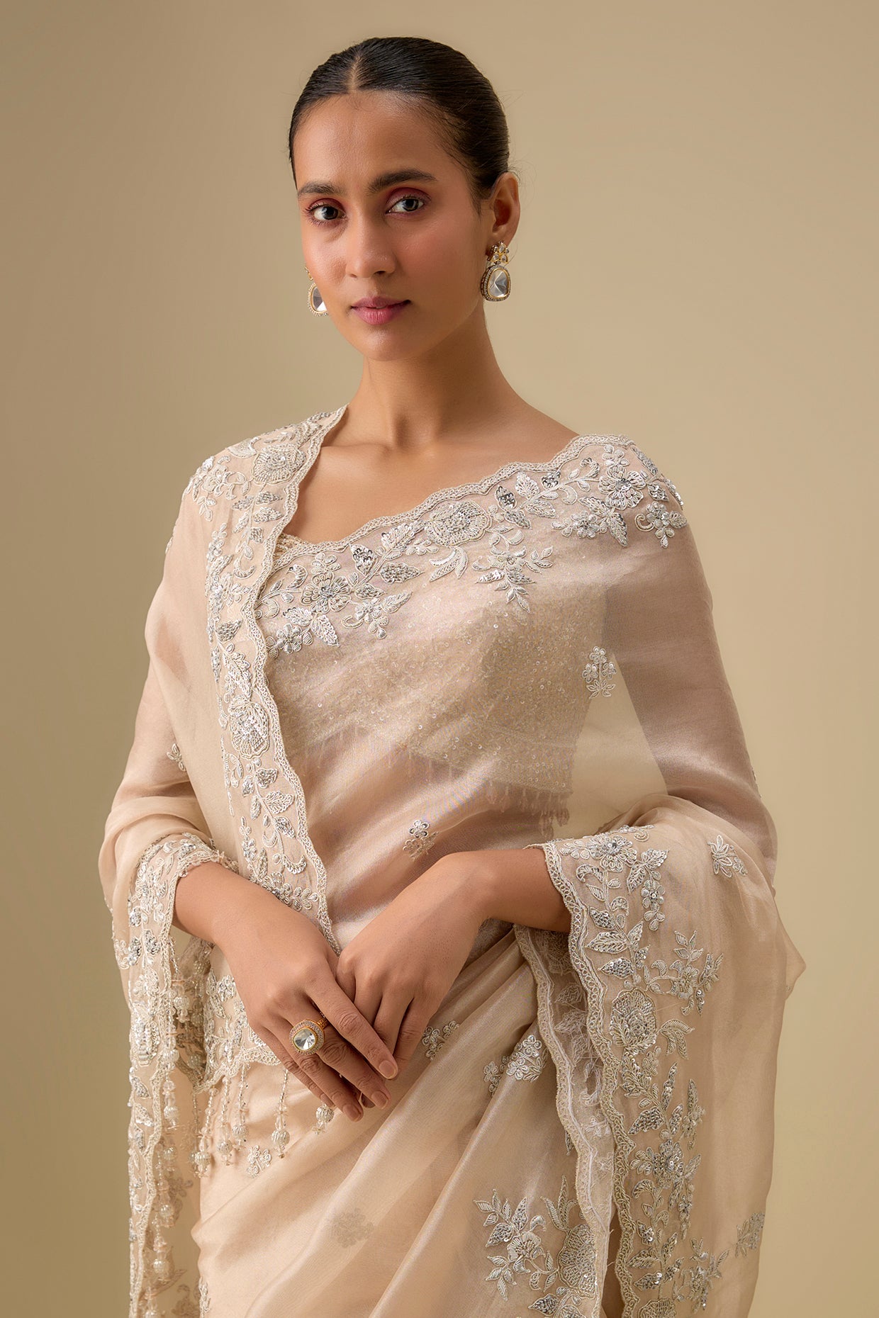 gold tissue hand & machine embroidered saree set