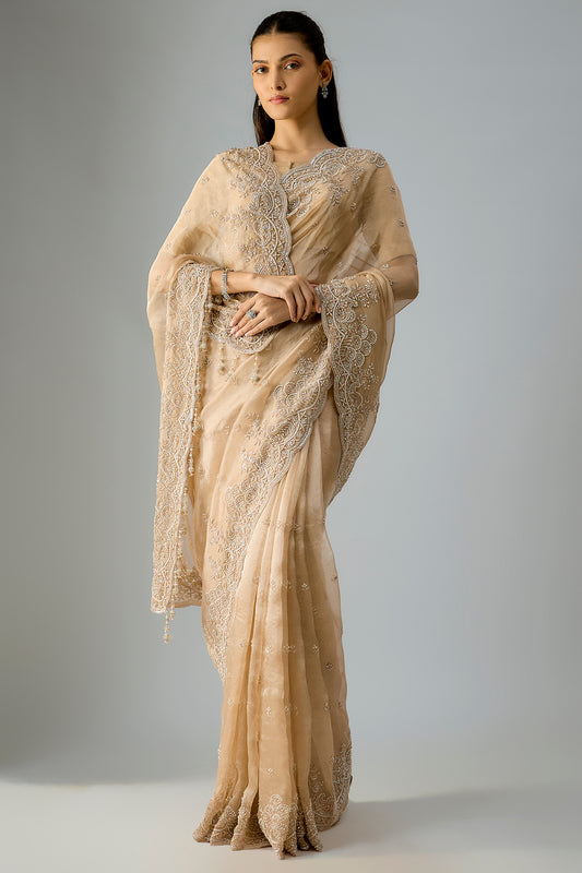 gold satin silk threadwork handloom saree set