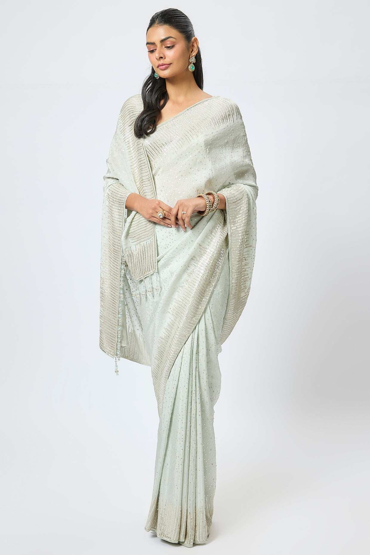 aqua tissue hand & machine embroidered saree set