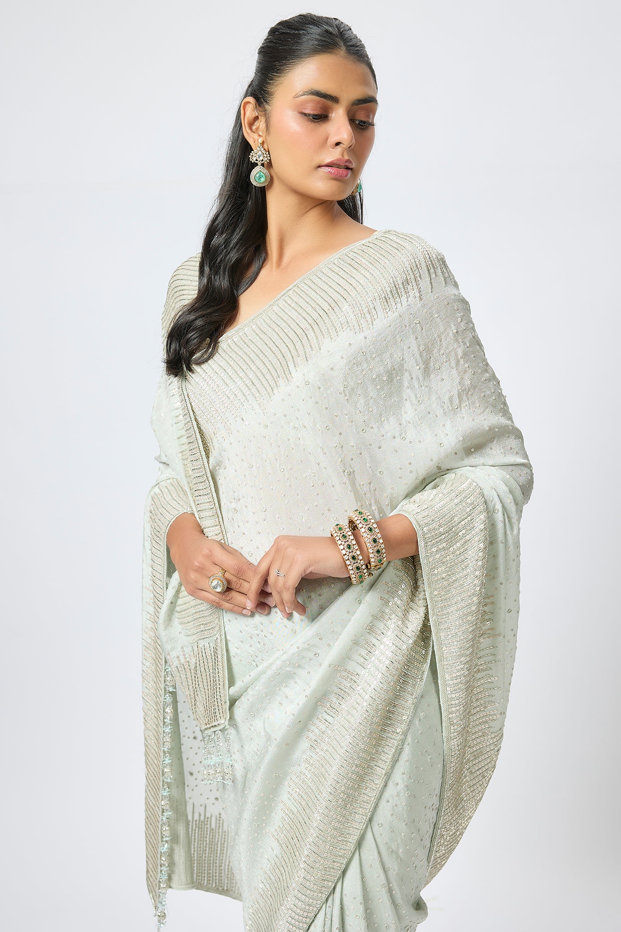 aqua tissue hand & machine embroidered saree set