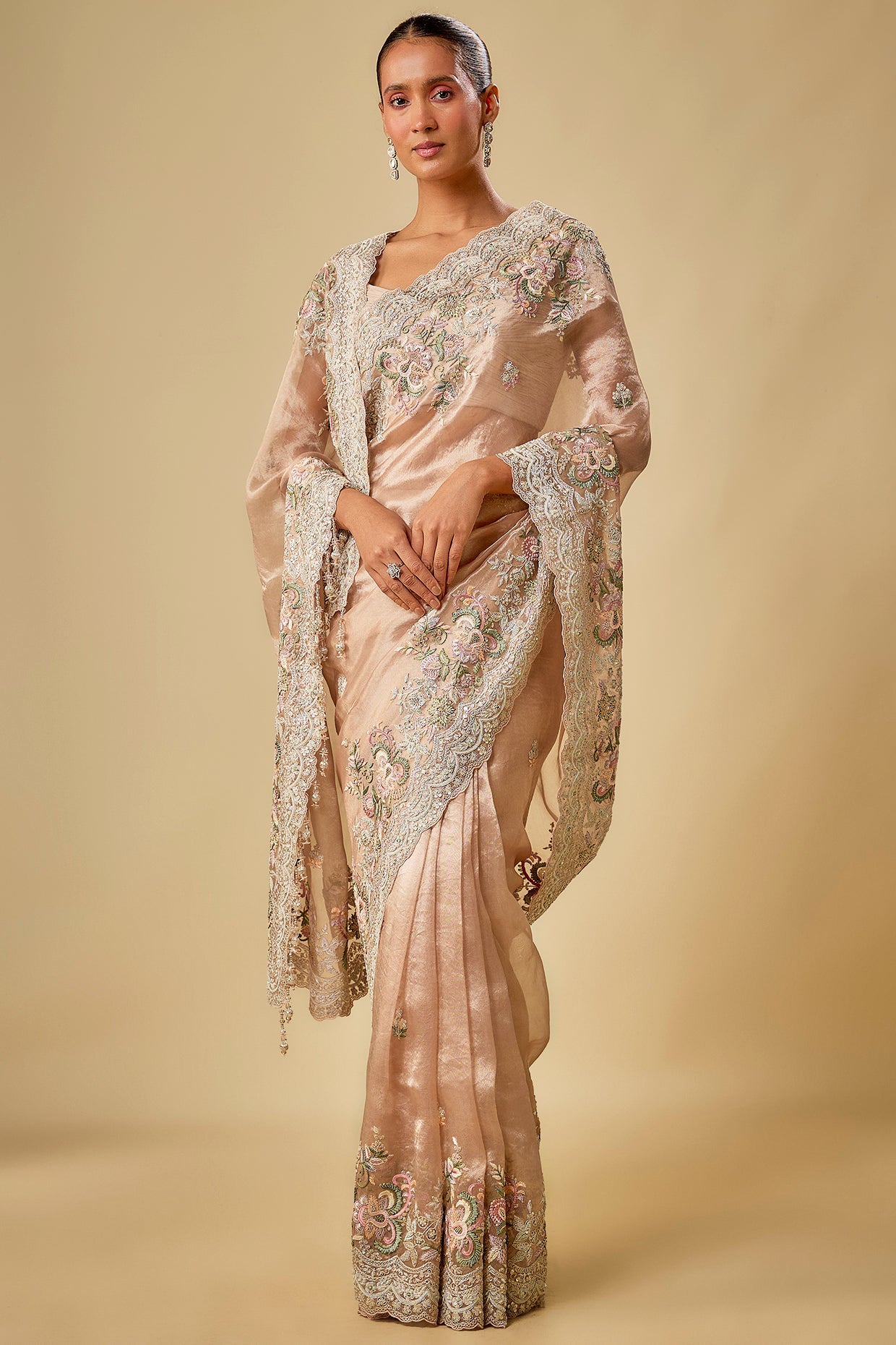 peach tissue resham & sequins embroidered saree set