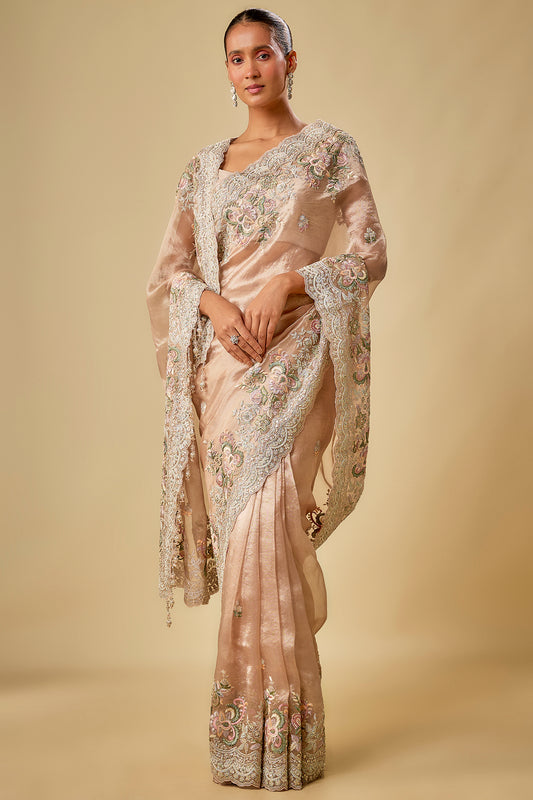 peach tissue resham & sequins embroidered saree set