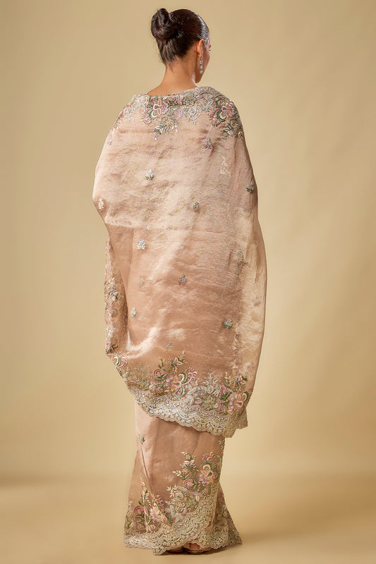 peach tissue resham & sequins embroidered saree set