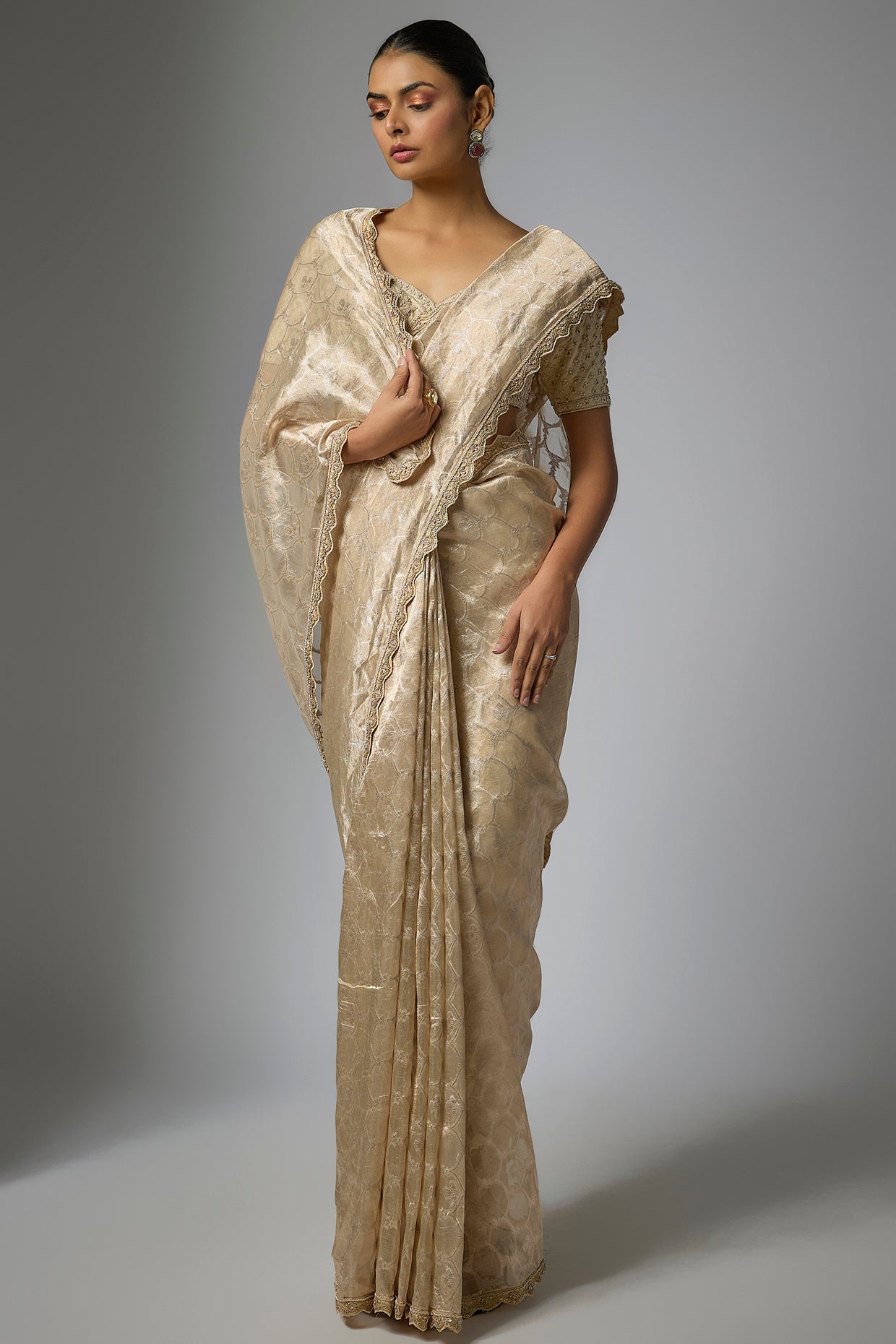 ivory banarasi machine embroidered saree set