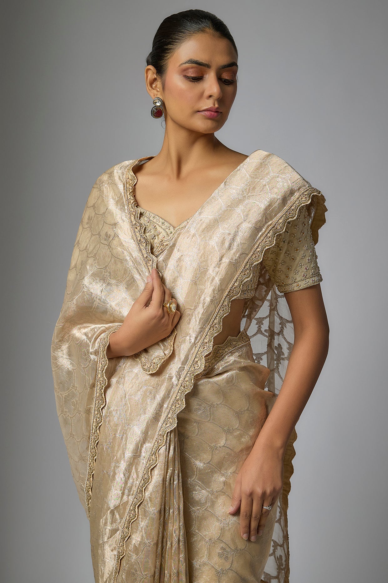 ivory banarasi machine embroidered saree set