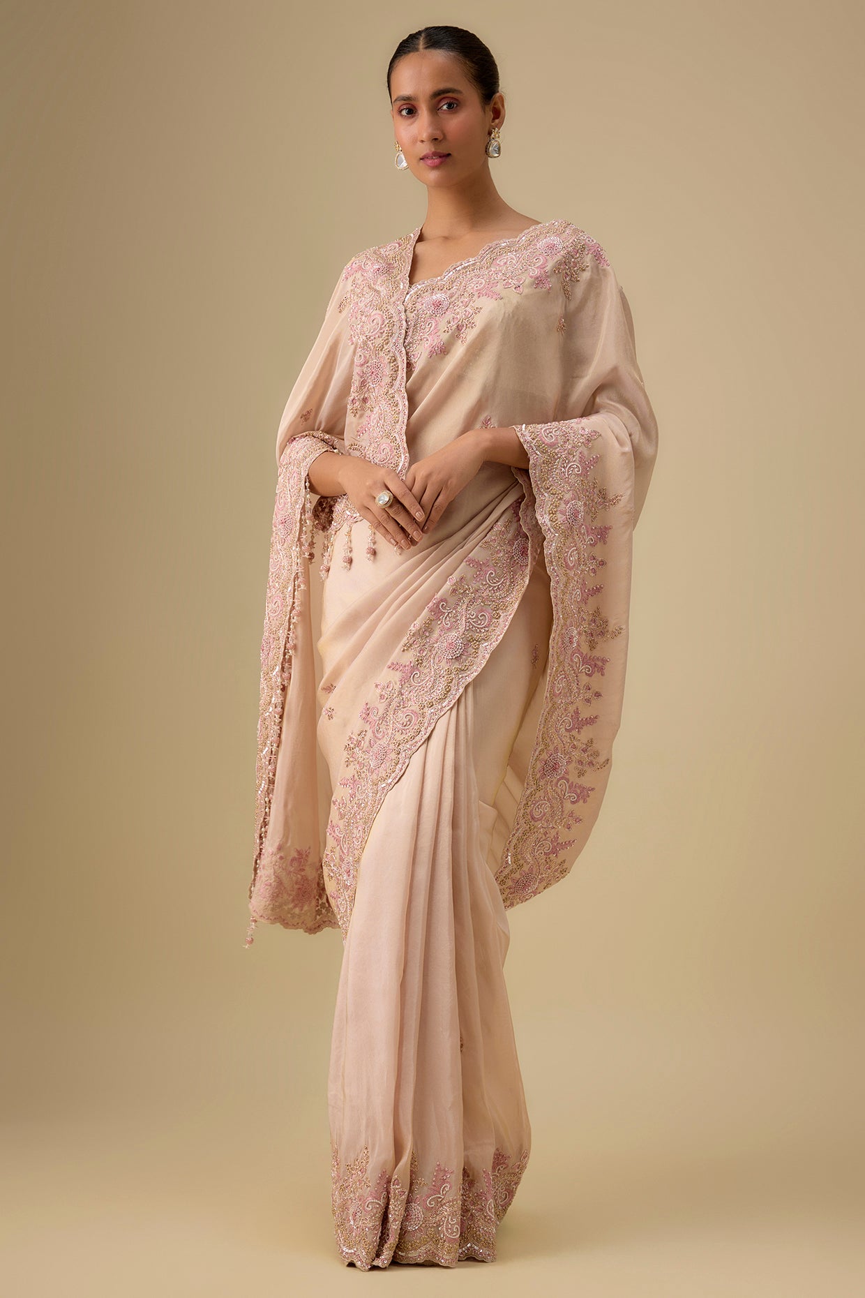 peach tissue hand & machine embroidered saree set
