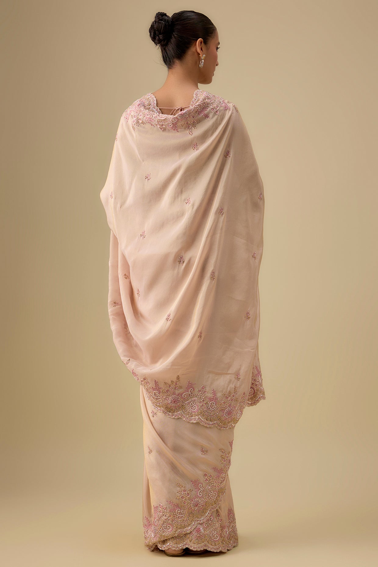 peach tissue hand & machine embroidered saree set