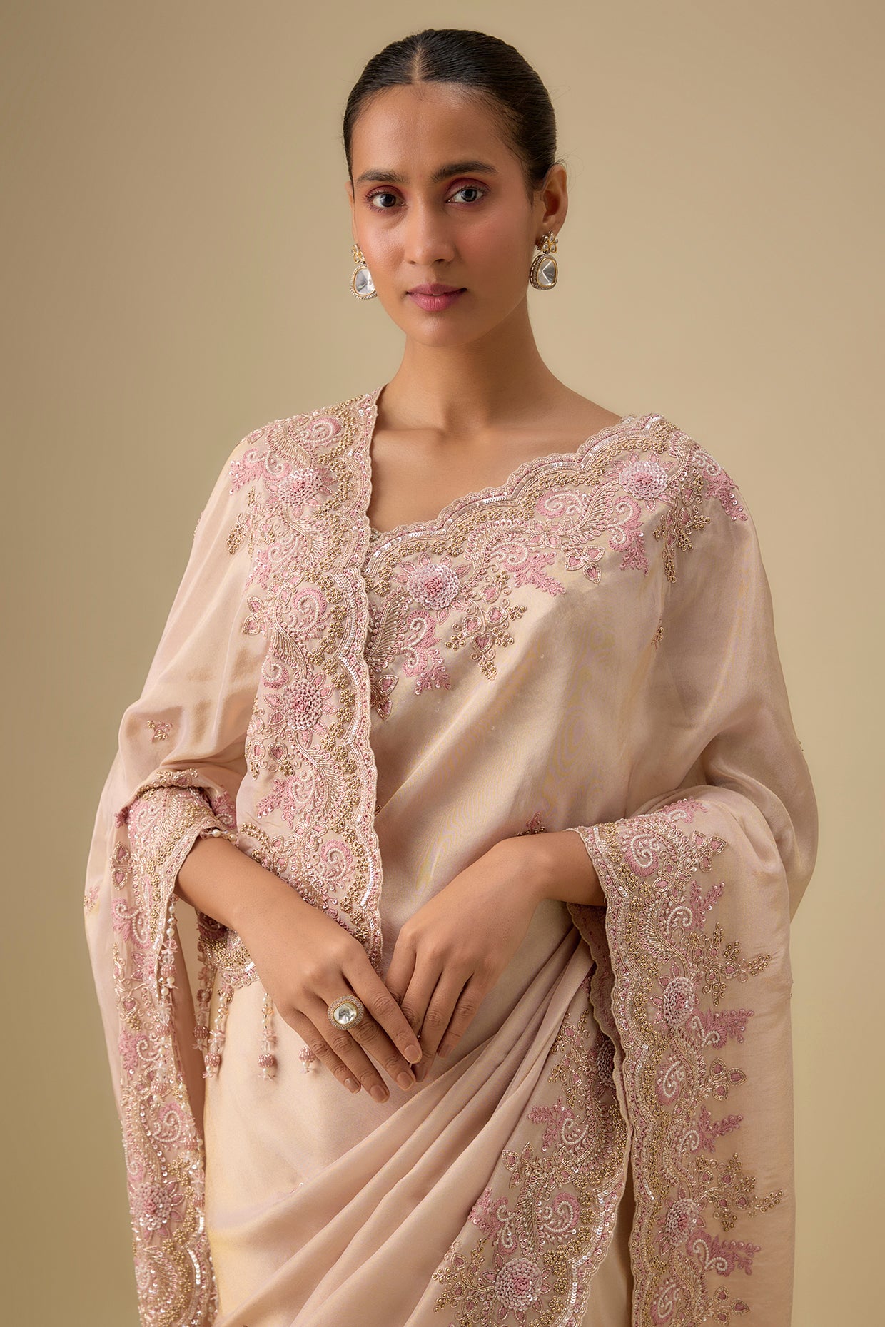 peach tissue hand & machine embroidered saree set