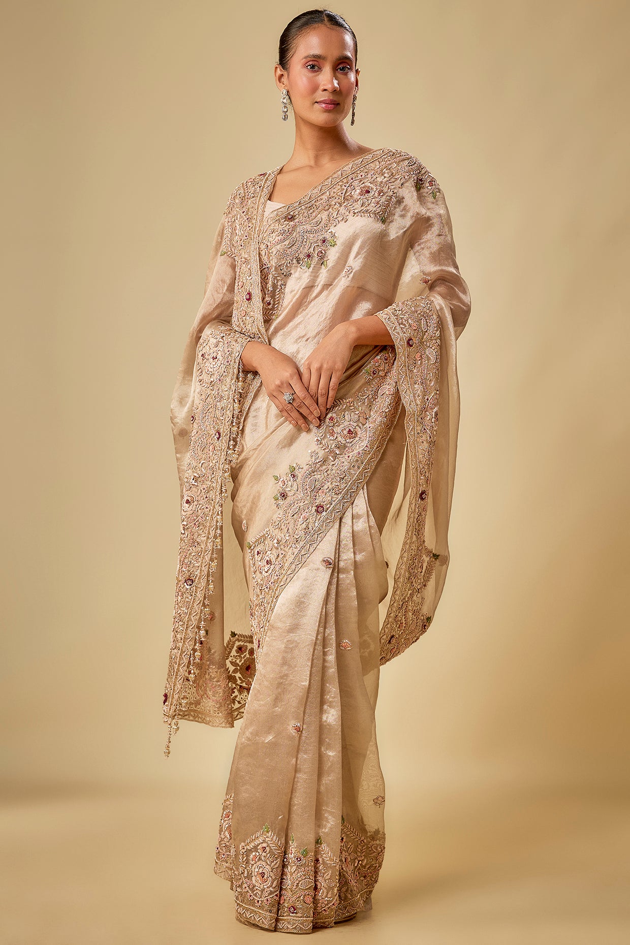 gold tissue hand & machine embroidered saree set