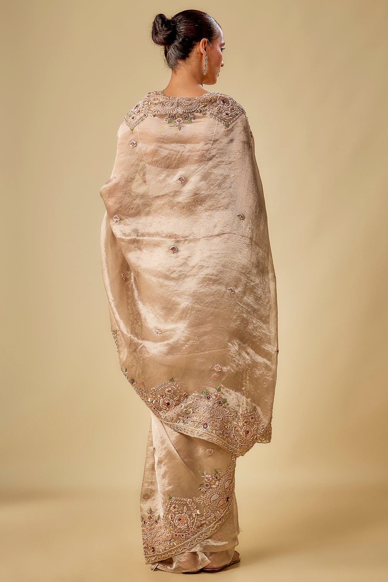 gold tissue hand & machine embroidered saree set