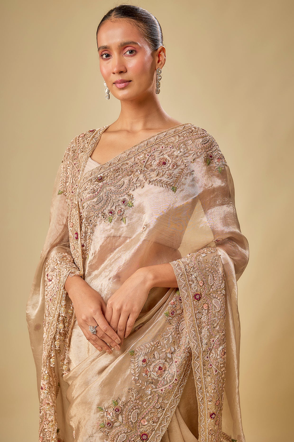 gold tissue hand & machine embroidered saree set