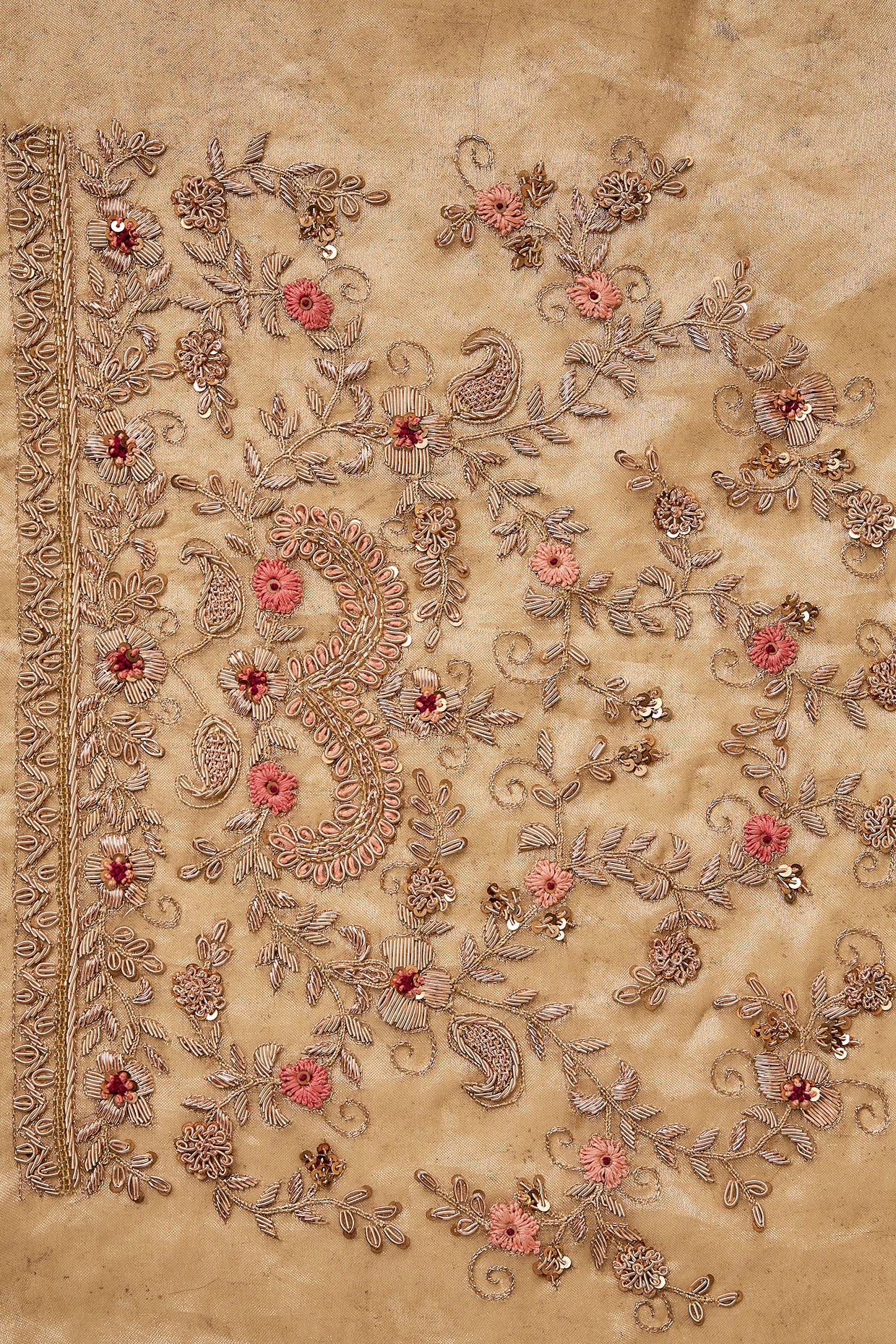 gold tissue hand & machine embroidered saree set