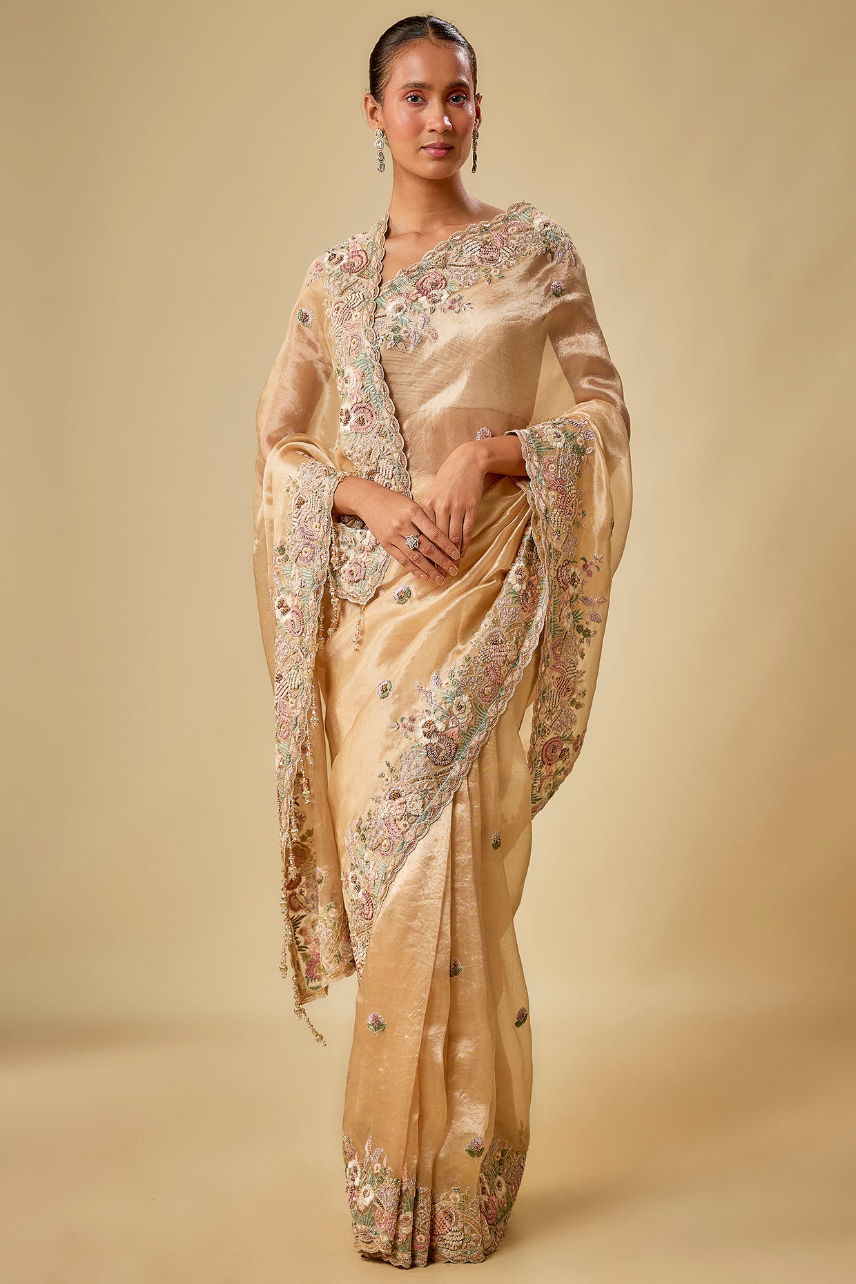 gold tissue hand & machine embroidered saree set