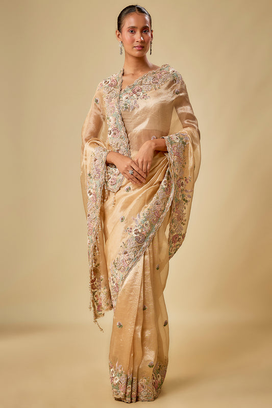 gold tissue hand & machine embroidered saree set