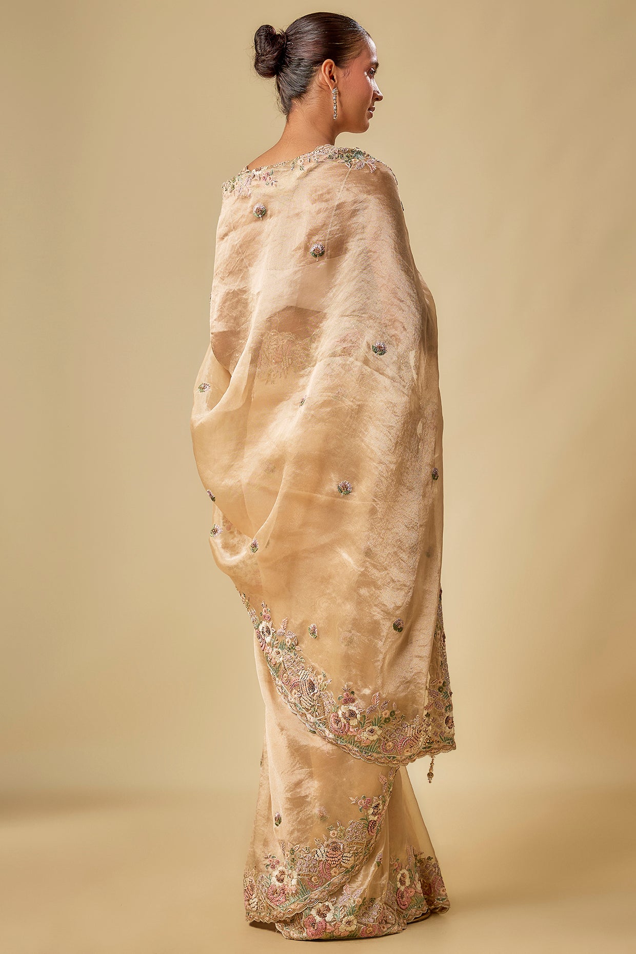 gold tissue hand & machine embroidered saree set