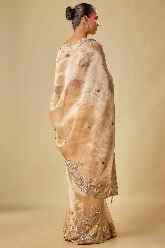 gold tissue hand & machine embroidered saree set