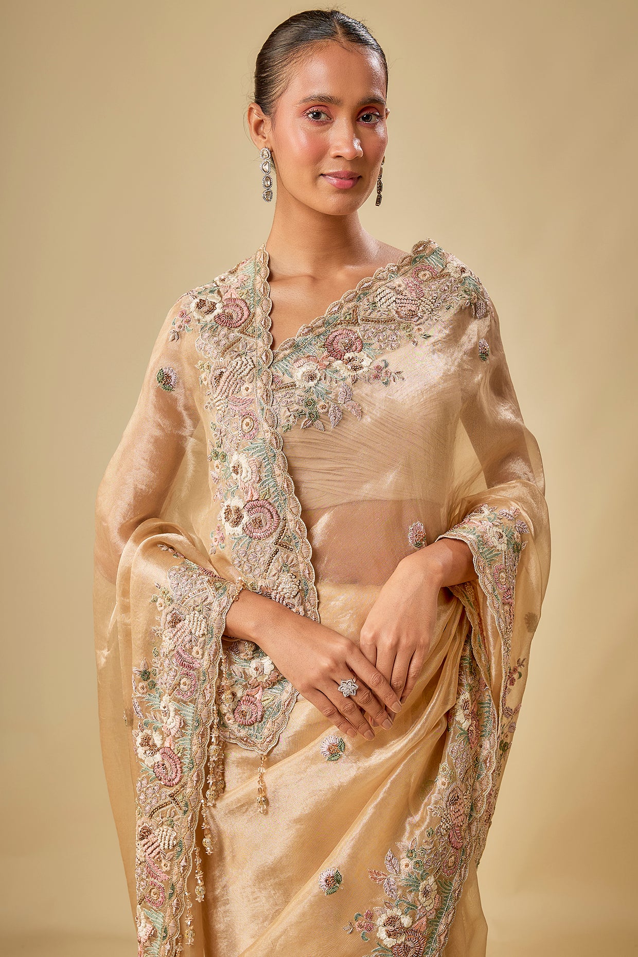 gold tissue hand & machine embroidered saree set