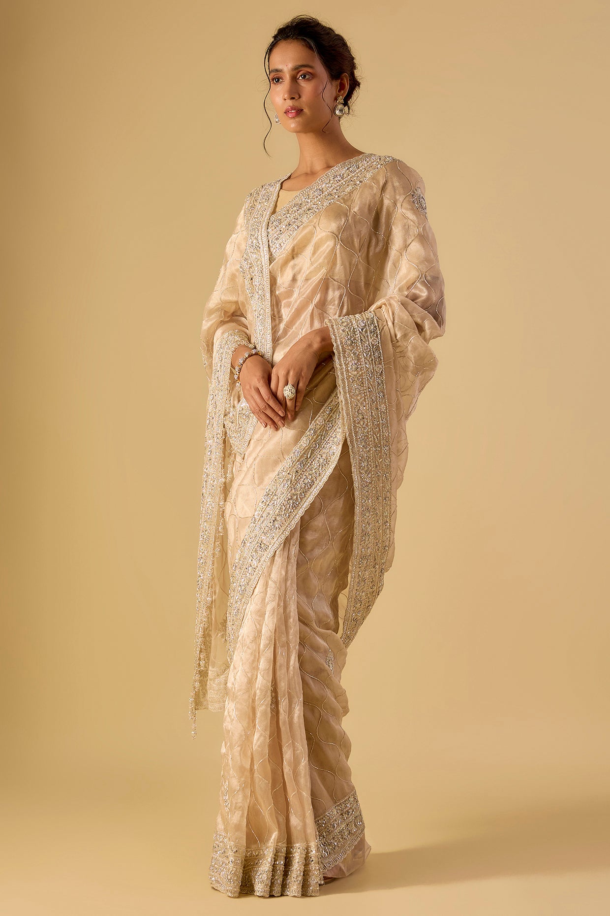 gold tissue hand & machine embroidered saree