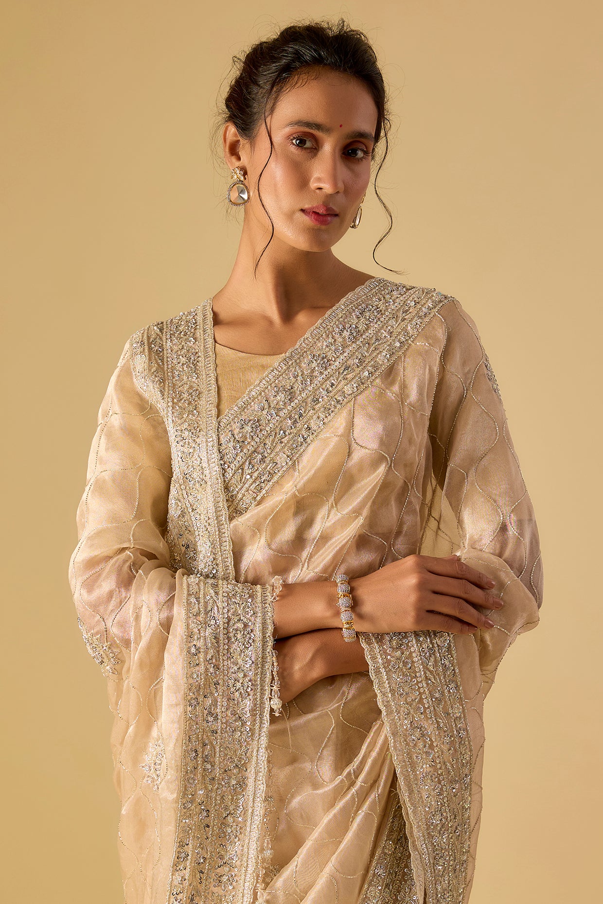 gold tissue hand & machine embroidered saree