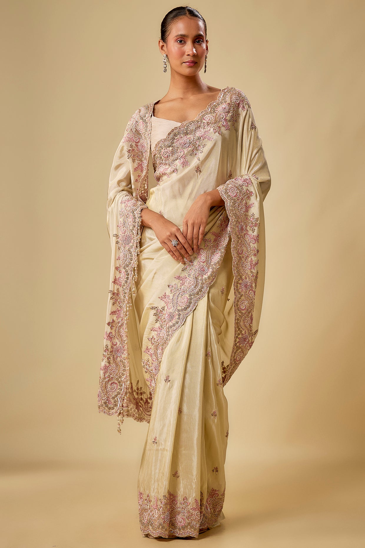 gold tissue hand & machine embroidered saree set