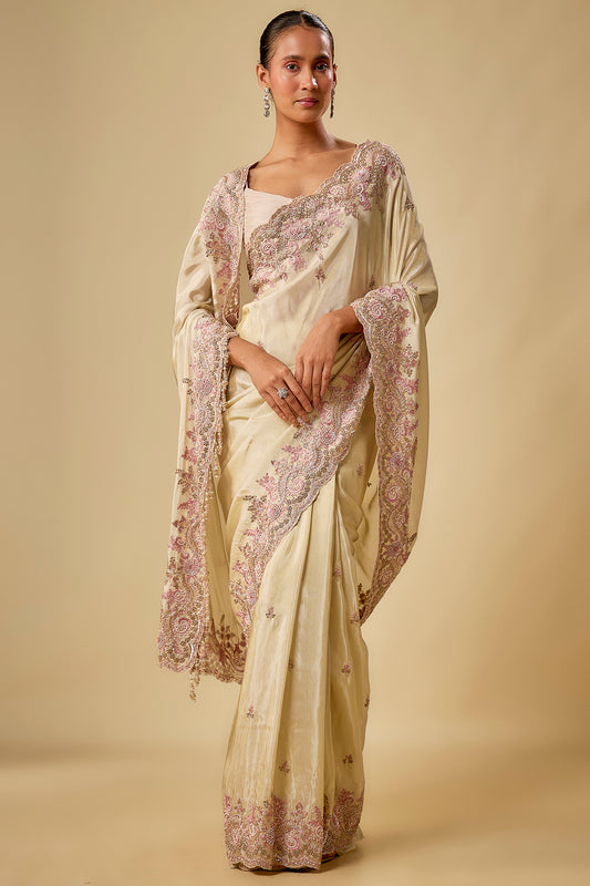 gold tissue hand & machine embroidered saree set