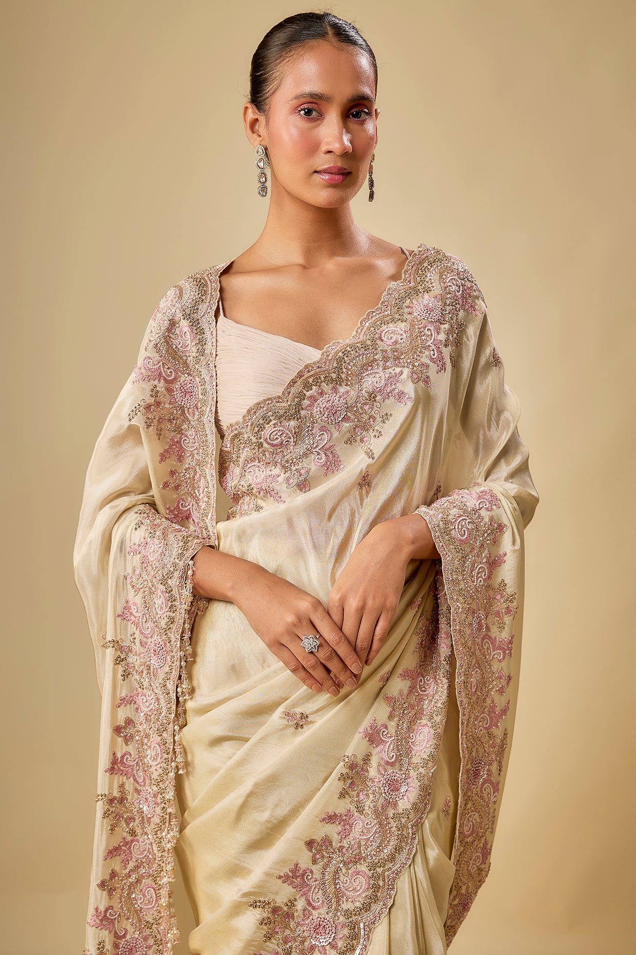 gold tissue hand & machine embroidered saree set