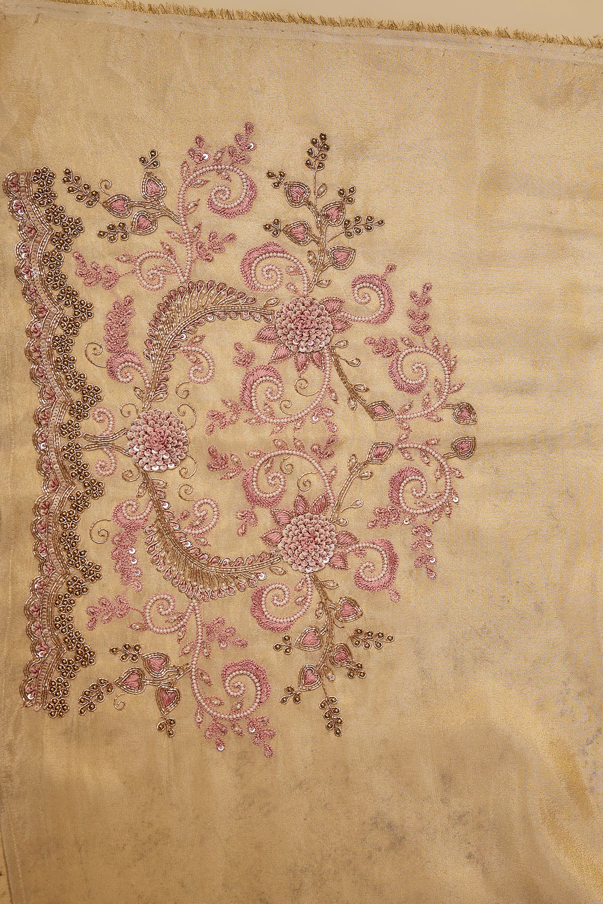 gold tissue hand & machine embroidered saree set