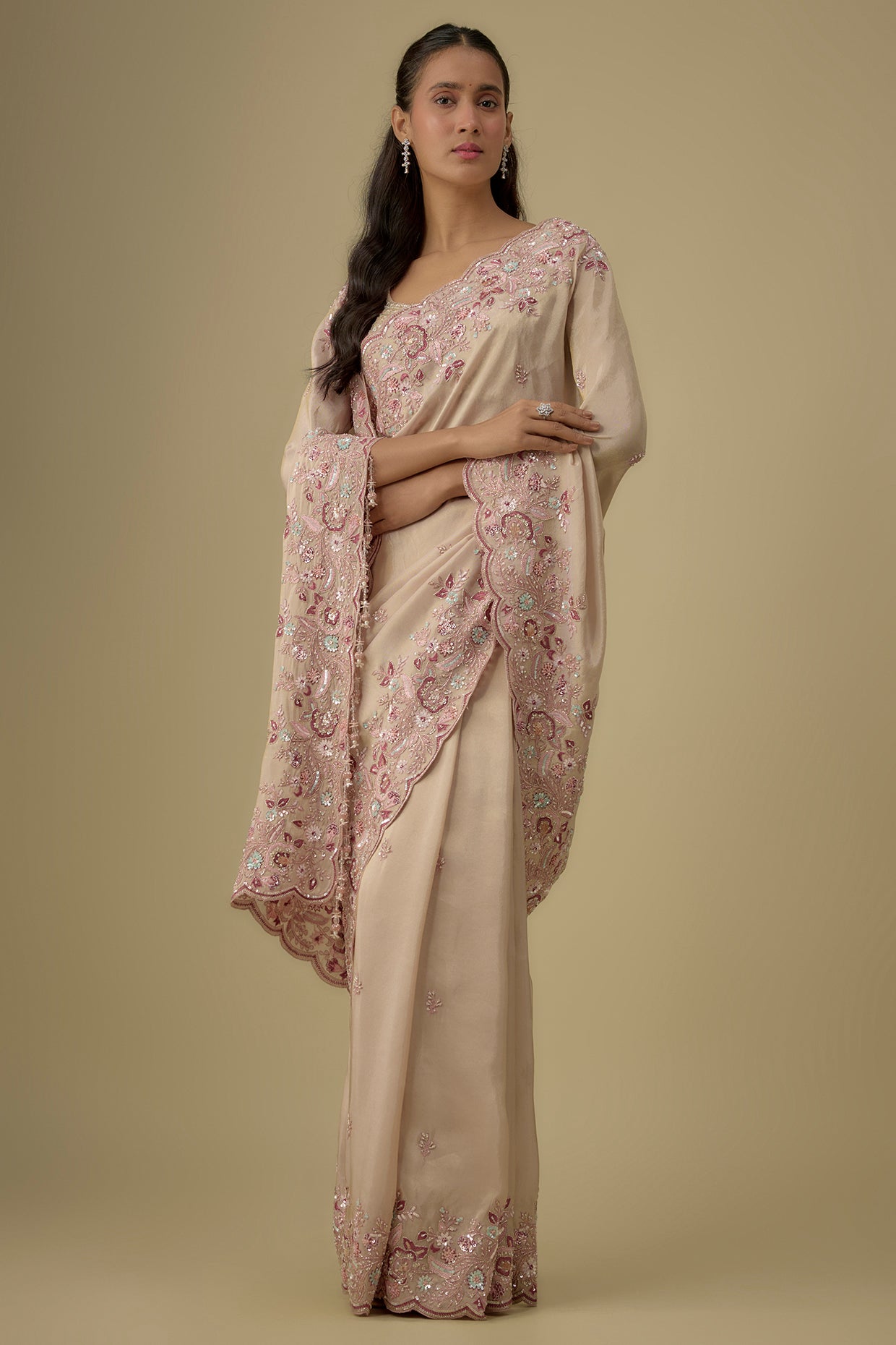 gold tissue hand & machine embroidered saree set